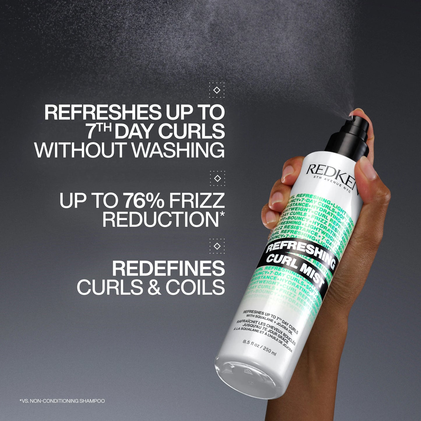 REFRESHING CURL MIST
A lightweight, leave-in spray that refreshes deflated curls between washes.